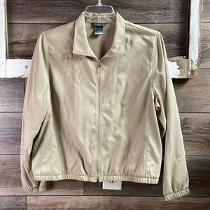 KORET Petite Ladies Lightweight Embroidered Zip Front Jacket Size PXL Khaki